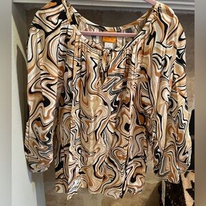 NWT Ruby Rd. Caramel Black Gold Retro Blouse Balloon Sleeve 70’s VTG swirl L